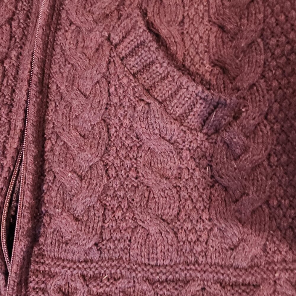 Hooded Cardigan Aran Crafts Wine Cable Knit Merino Wool 2way Zip Sweater S - Picture 10 of 11